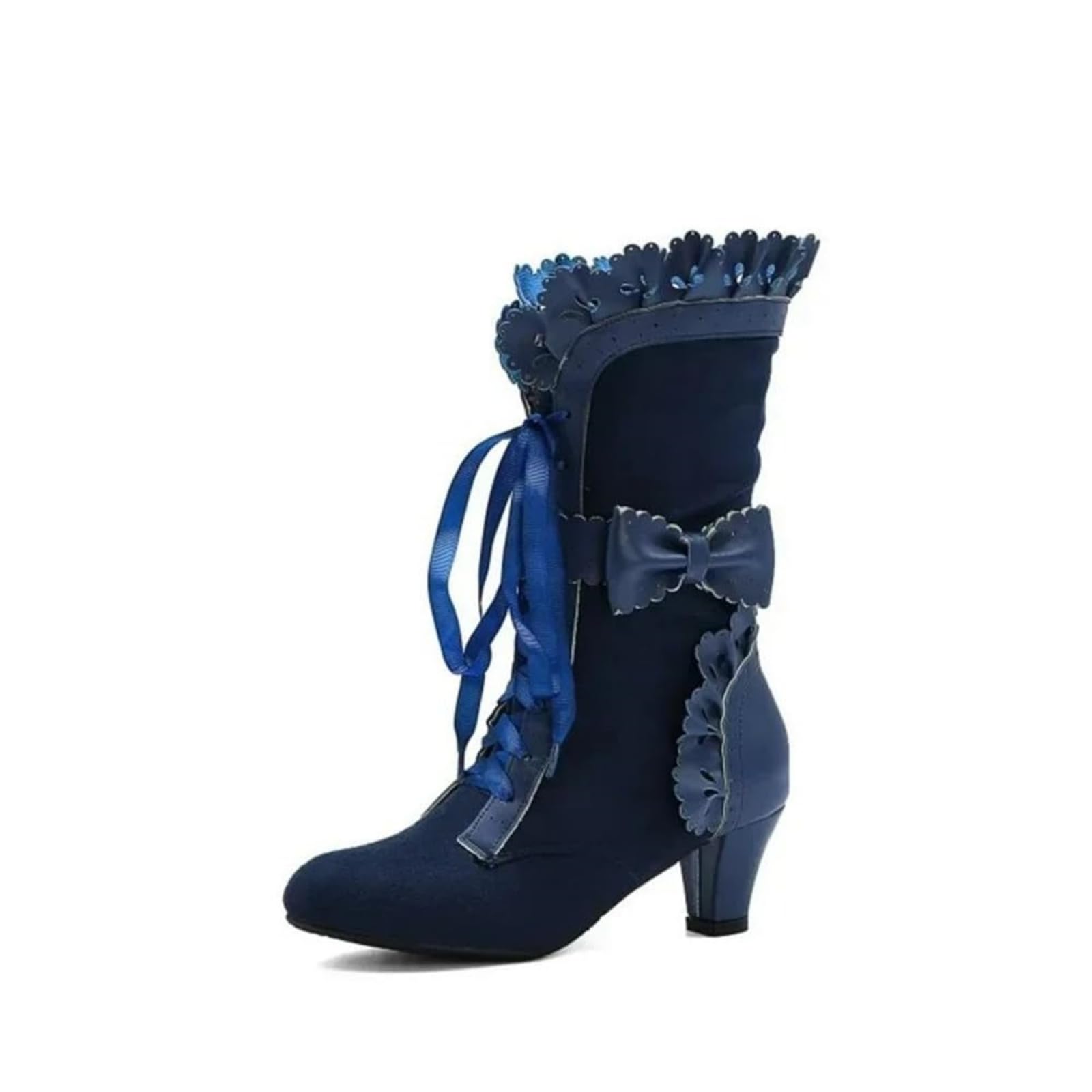 Women Victorian Boots Vintage Bow Ruffles Goth Boot Low Kitten Heel Mid Calf Costume Renaissance Mid Heel Dress
