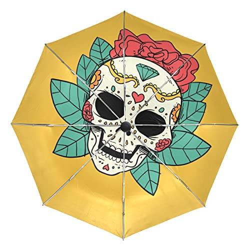 Parapluie de voyage automatique à motif crâne idéal pour la plage et le vent