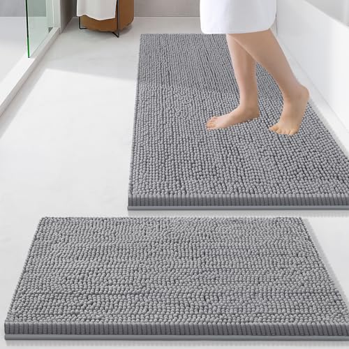 Image of Smiry Bathroom Rugs Sets 2 Piece, Soft Absorbent Chenille Machine Washable Non Slip Shaggy Bath Rug Set for Tub, Shower, and Floor (34x21+24x16, Grey)