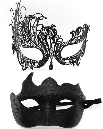 Couple Masquerade Masks Set Venetian Party Mask Halloween Mask Mardi Gras Masquerade Mask for Women Men (Silver-Black)