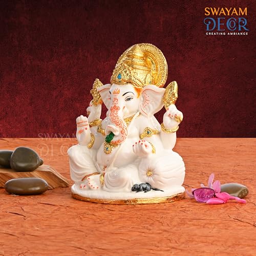 Image of Creating Ambiance Polyresin Marble Ganesh Idol, Vinayaka Statue | Auspicious Ganpati Murti for Living Room & Home Decor - Ganesh Idol for Diwali - Gold & White (7 Inches)