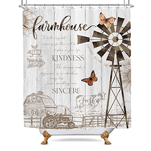 Omifly Rustic Farmhouse Shower Curtain,Country Shower Curtains For Bathroom,Vintage Farm Bathroom Set,Windmill Barn Inspirational Quote Western Wooden Plank Cow Retro 60Wx72H Inch With 12 Hooks #TOP4