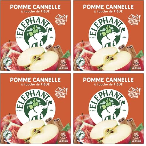 Elephant, Infusion, Goût Pomme, Cannelle et Figue, Certifié Rainforest Alliance, Ingrédients d'Origine 100% Naturelle, 20 Sachets Pyramid (Lot de 4)