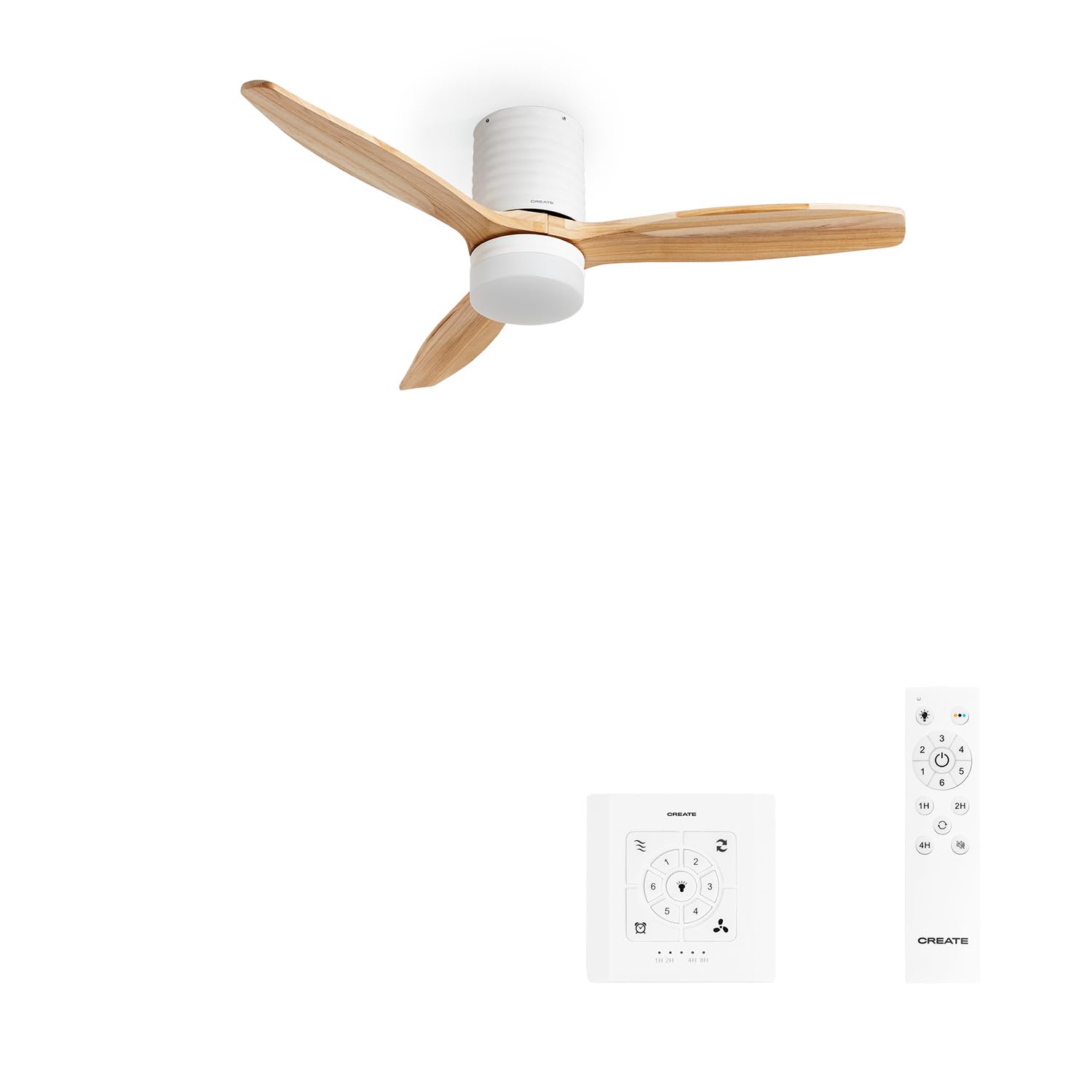 CREATE / WINDCALM LINE/Ventilador de techo con luz blanco madera natural y líneas horizontales con controlador y mando / 40W, Ø132 cm, 3 temperaturas de luz, temporizador, función verano-invierno
