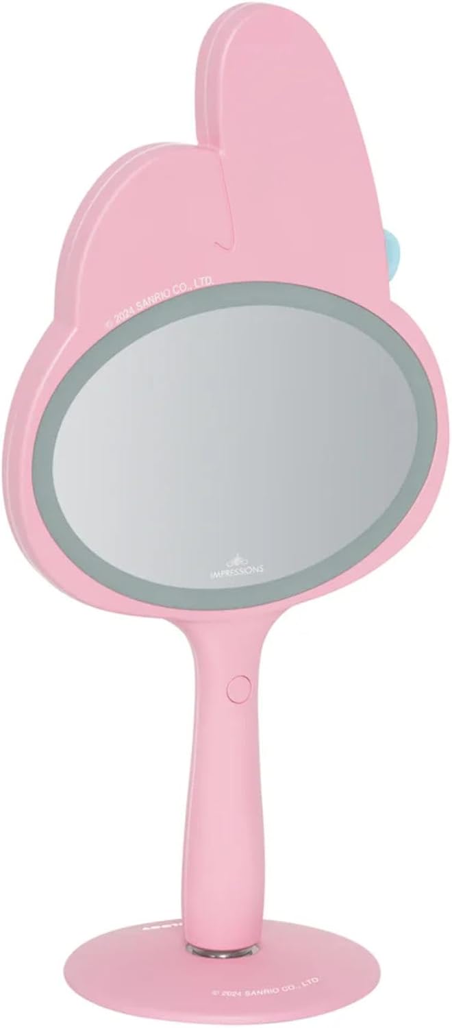 Impressions Vanity My Melody LED Handheld Makeup Mirror for Desk, Lighted Travel Makeup Mirror with Detachable Standing Base, Ultra Bright Adjustable Lighting and My Melody Figural Shaped Design