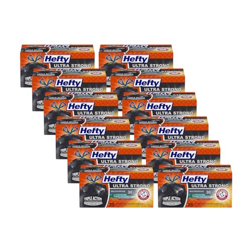 Image of Hefty Ultra Strong Multipurpose Trash Bags, Black Large Flexible Bags with Drawstring, White Pine Breeze Scent, 30 Gallon Bags, 25 CT Bags Per Pack (Pack of 12)