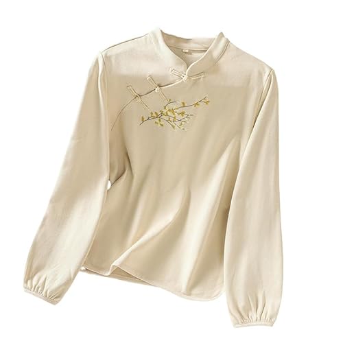 JYHBHMZG Camisa de mujer otoño manga larga Cheongsam retro asimétrico botón rana top bordado estilo chino blusa, como se muestra, L