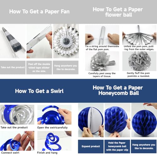 Image of 24 Pcs Blue Silver Party Decorations, Paper Fans Pom Poms Banner 8-16 in