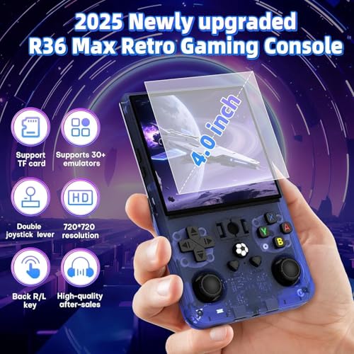Image of R36MAX Retro Handheld Game Console, 4.0 inch Retro Gaming Console with 64GB Memory, Portable Retro Video Games Console, 4000mAh Battery, Support 30+ Emulators, Transparent Blue