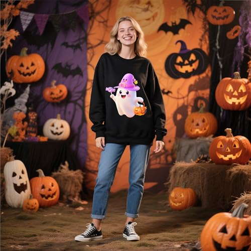 IRUD Halloween Sweatshirts for Women - Oversized Ghost Pumpkin Lantern Candy Pattern Round Neck Casual Long Sleeve - image 4
