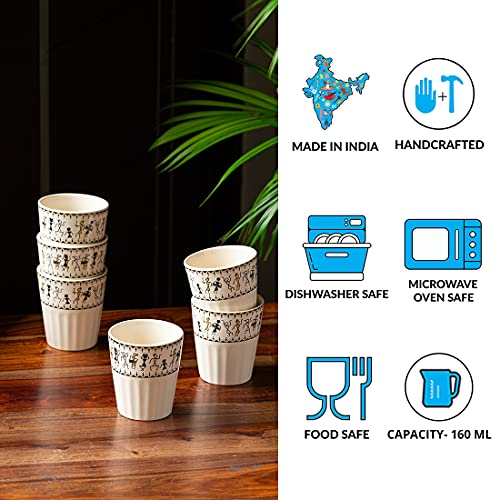 Image of ExclusiveLane 'Whispers of Warli' Handcrafted Ceramic Tea Glass Set Tea Cups for Tea Glasses Set of 6 (160 ML, Microwave Safe, Dishwasher Safe) Cearmic Tea Cups Set Chai Tea Glasses for Tea Chai Cups