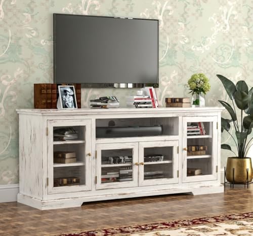Image of Sheesham Solid Wood TV Cabinet for Living Room | Handcrafted Wooden TV Unit with Storage | Elegant Entertainment Stand for Modern Homes (Glass Tv Cabinet, Rustic White)