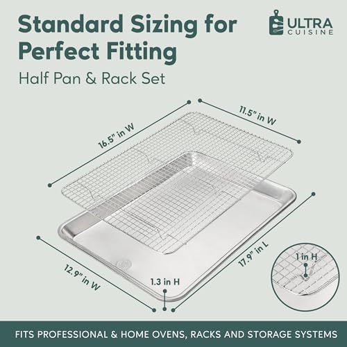 Ultra Cuisine Aluminum Baking Sheet with Stainless Steel Cooling Rack Set -Half Sheet Size Pan 13 x 18 inch, Durable Rimmed Sides, Easy Clean, Commercial Quality for Cooking and Roasting - Thumbnail 2