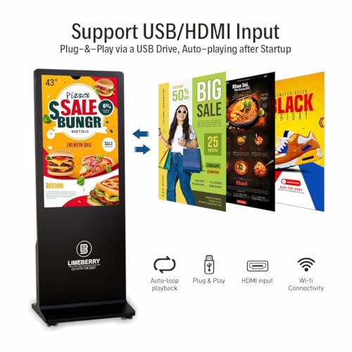 Image of Limeberry I Shape Digital Standee Kiosk | 43 Inch Android Display | A+ IPS Panel | 20W Speaker | USB, HDMI, Wi-Fi, Ethernet | 1-Year Warranty | Model LB431-IUH | Black