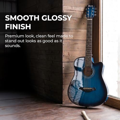 Image of Revel 38 Inch Glossy Acoustic Guitar for Beginners and Professionals with Signature Guitar Feel, Westwood Guitar Style Set with Picks. (BLUE)