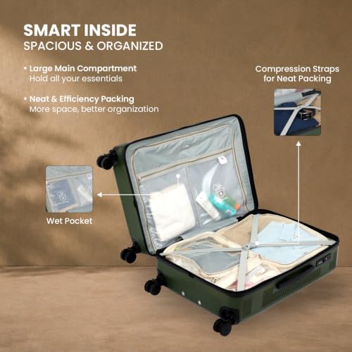 Image of SWISS MILITARY Pascal Hard 68cm Lightweight PC Medium Check in Travel Luggage Trolley Bag with Anti-Theft Zippers & 3-Dial Lock, 360 Wheels, Wet Pocket & Aluminium Handle Suitcase Capacity 93L-Olive