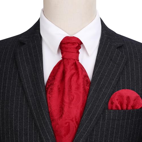 Image of HISDERN Ascot Ties for Men Paisley Floral Ascot and Pocket Square Set Classic Self Tie Mens Cravat Handkerchief for Wedding