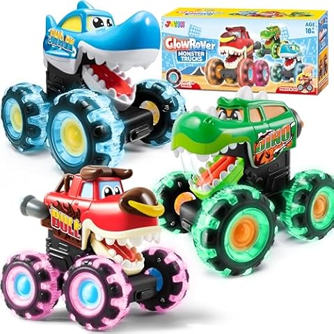 JOYIN 3 Pack Monster Truck Toy - Motion Activated Light-Up Cars for Toddlers - Monster Treads Lightning Wheels - Baby Toy Present - Press & Go Cars for Boys Girls Cover