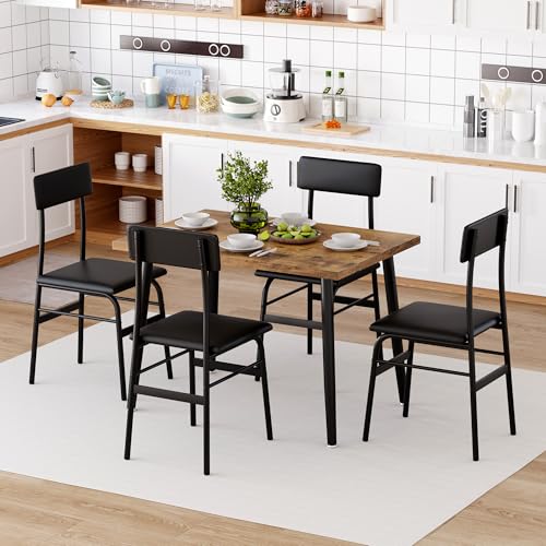 Image of IDEALHOSUE Dining Table Set for 4, 5 Piece Kitchen Table Set with 4 Upholstered Chairs, Breakfast Table for Samll Space, Dining Room, Apartment, Restaurant, Rustic Brown