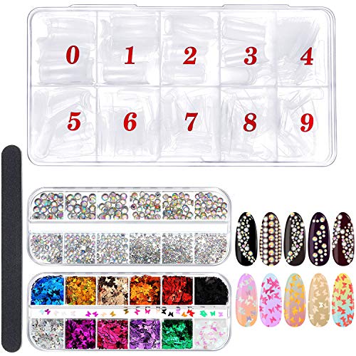 Acrylic Nail Art Kit, 500 Pieces Clear French Nail Tips Coffin Fake Nails, 12 Colors 3D Butterfly Nail Glitter Sequins with Crystal AB Rhinestones and Nail File for Salons and Home DIY Decor