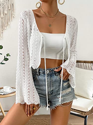 Verdusa Women's Tie Front Bell Long Sleeve Crop Cardigan Lightweight Scalloped Knit Tops4