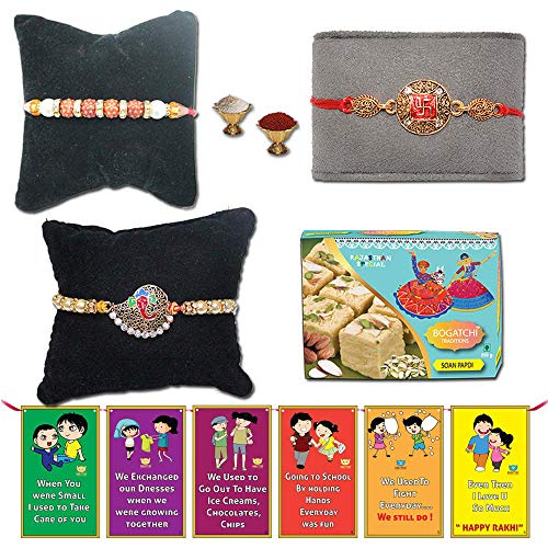 Image of BOGATCHI Rakhi Sweets for Brother Free with Set of 3 Designed OM & Ganesha Rakhi for Brother + Free Roli Chawal and Rakhi Cards