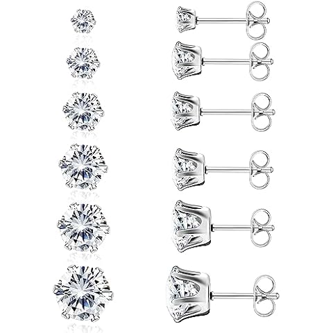 BUEMMR 6 Pairs Stud Earrings Set, Hypoallergenic 316 Stainless Steel Stud Earrings for Women Men Cubic Zirconia Stud Earrings Cartilage Piercing Jewelry 3-8mm Cover