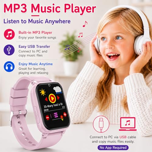Image of Smart Watch for Kids, Girls Boys Smartwatch with 26 Games Camera Video Recorder and Player, Pedometer Calendar Flashlight, Audio Book etc., Gifts for 4-12 Years Children (Pink) | 26 Games, Camera, Music Player, Alarm Clock & Calculator & Pedometer