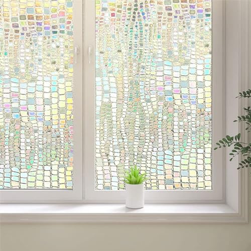 3D Rainbow Window Film, Frosted Privacy Glass Window Film, Vinyl Decorative Window Decals, Anti-UV Static Clings No-Glue Removable Window Sticker for Home Living Room (23.6 x 157.4 inch)