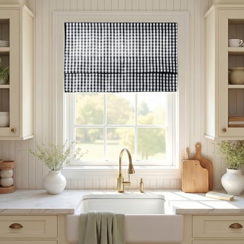 Image of TWOPAGES No Drill Cordless Buffalo Plaid Roman Shades Roman Blinds for Windows, Custom Made Room Darkening Country Checkered Blinds Farmhouse Shades, Black Small Plaid, 1 Piece