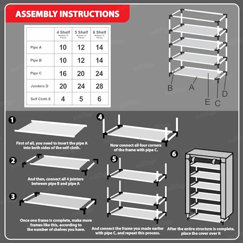 Image of Zest 4 Toyz Star Printed Shoe Rack with 5 Shelfs Zip Cover and Side Pocket Multipurpose Racks Shoe Organizer Cum Book Organizer Non Woven Fabric (Black)