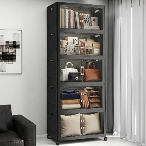 Image of Stackable Storage Bins with Lids, 550QT Lockable Storage Cabinet | Closet Organizers, Foldable Storage Box with Doors and Wheels, Plastic Drawers for Home, Garage, Office (5, Black, Plus)