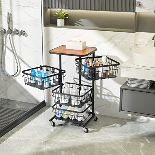 APEXCHASER Küchenwagen, rotatierbare Rollwagen, 4 Ebenen mehrschichtiges Küchenregal mit Rollen, Aufbewahrungsbehälter, drehbare Obstkorb für Küche, Wohnzimmer, Büro, Schwarz Cover