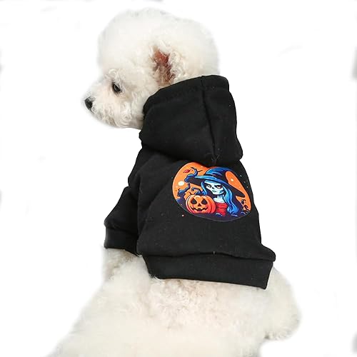Miniatura 2 de Anelekor Sudaderas con capucha para cachorros negros para perros pequeños con patrones de bruja y calavera de calabaza, sudadera cálida para perros,