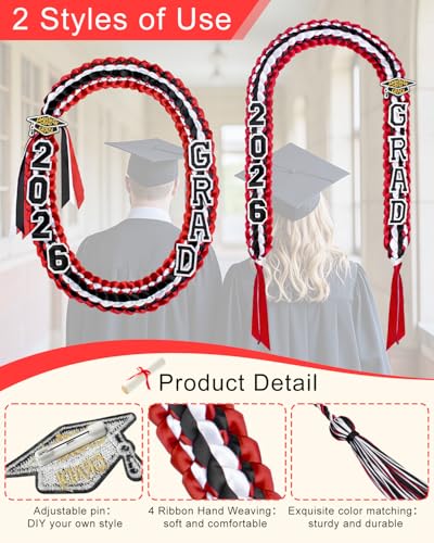 Image of Yigney Graduation Lei Set Class of 2026 Grad Ribbon Leis with Honor Cord Double Braided Graduate Leis for Men Women Red Black White