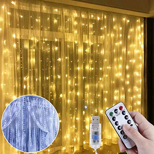 Anpro Cortina Luces, 3 x 3M USB Cortina de Luces Interior con 8 Modos Control Remoto, 300 LED Cortina LED Decoración para Navidad Jardín Habitación Cortina - Blanco Cálido&Blanco Frío