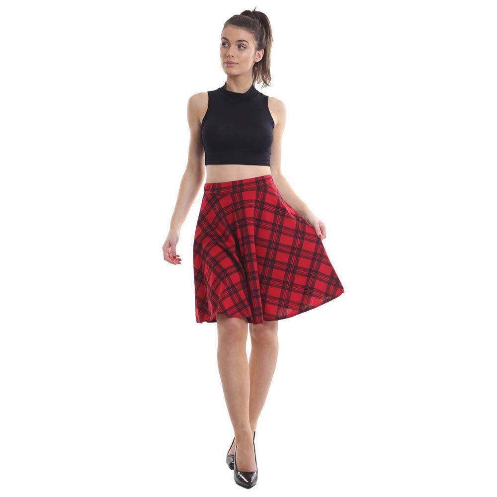 Metluq M0d4 Women's Red Tartan Plain & Printed Fashion Pleated Waistband Flared Swing Skater Skirt 8-30 (, Uk 8-10 S/M)