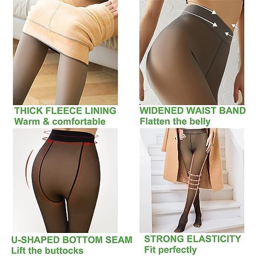 ELEG & STILANCE Fleece Lined Tights Women Translucent Fleece Pantyhose Winter Warm Fake Translucent Tights (IN, Alpha, 2XL, Black&Skin) - Image 5 thumbnail