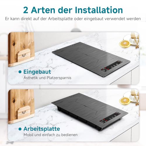AMZCHEF Induktionskochfeld 2 platten, induktionskochplatte mit Flexzonen und Stecker...