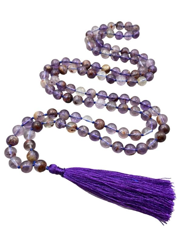 Natürliche AAA Super Seven 108 Mala-Halskette | 108 Mala-Halskette mit Gebetsperlen | Handgeknüpfte Mala aus Lapislazuli | Japa Mala | 6 mm runde Perlen | Meditationsquaste | Buddhistische Mala