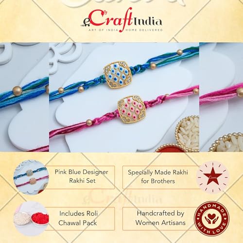 Image of eCraftIndia Pink Blue Designer Rakhi Set of 2 | Rakhi for Brother Bhaiya Bhai with Best Bro Ever Fridge Magnet | Roli Chawal Pack