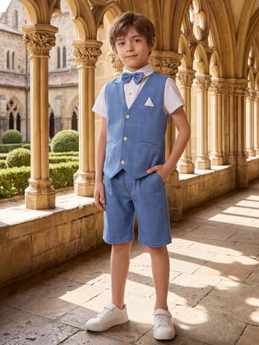 Image of Summer Boys Suit Dress Clothes Kids Wedding Ring Bearer Outfit 4Pcs Shirt Vest Shorts Set