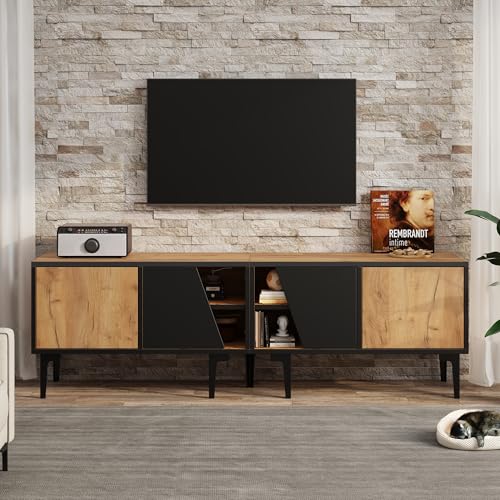 QSOST Meuble TV 160 cm, Meuble TV Bois pour téléviseur 65 Pouces avec 4 Meuble de Rangement et 4 Porte, Meuble télé pour Chambre ou Salon, Nature