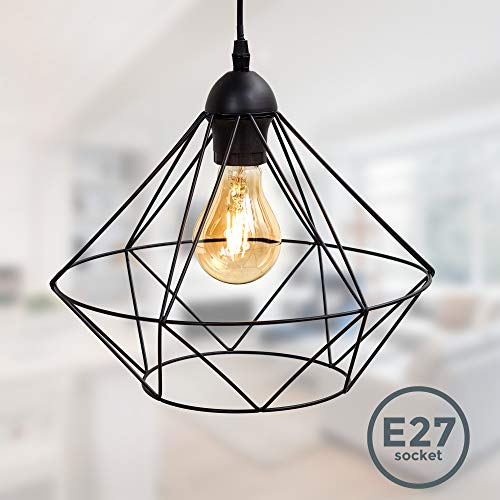 B.K.Licht suspension design rétro, lustre moderne style industriel métal, éclairage plafond vintage, Ø32cm, pour ampoule E27 max. 40W, noir, hauteur 110cm