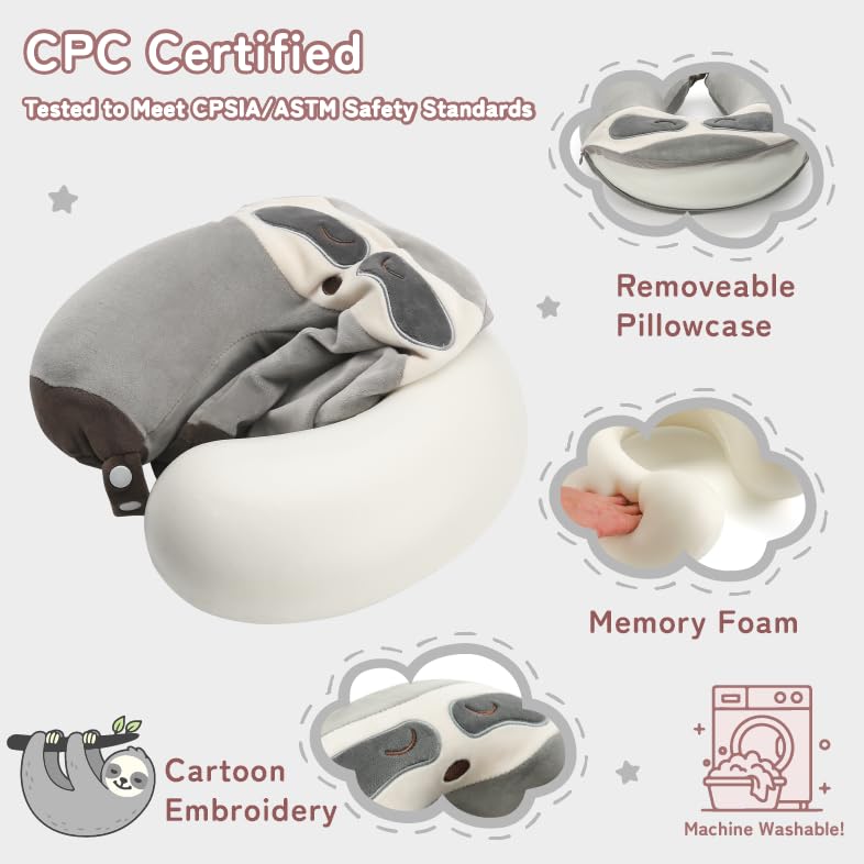 Image of Kids Travel Neck Pillow for Ages 3-8, Memory Foam, Removable Cover, Sloth
