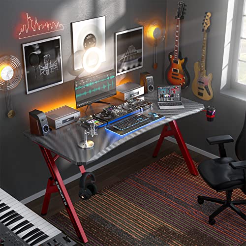 Ecoprsio Gaming Desk, 55 Inch Gaming Computer Desk With Carbon Fiber Desktop, Large Y Shaped Gamer Desk With Cup Holder And Headphone Hook, 55'' Game Table For Gamer Room, Workstation, Bedroom, Red #TOP6