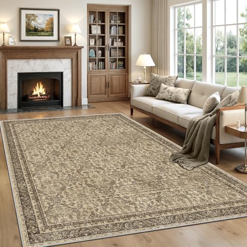 Rugland 8x10 Area Rugs - Stain Resistant Washable Rug, Anti Slip Rugs for Living Room, Vintage Tribal Area Rugs(Vintage01-Brown, 8'x10')