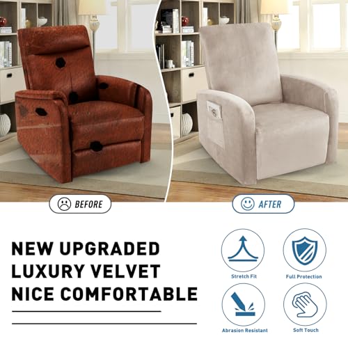 Image of ZNSAYOTX 2026 Velvet Small Recliner Cover 3-Piece, Luxury Plush Recliner Chair Covers with Elastic Band & Ties Stay in Place, Stretch Reclining Slipcover for Lazy Boy Soft Washable (Khaki)