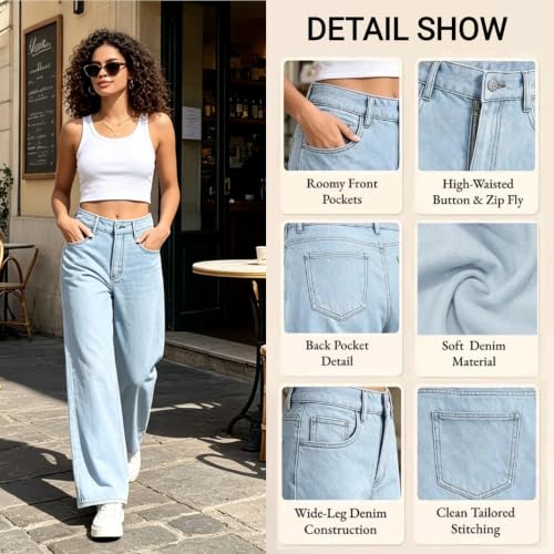Loinjsnktng High Rise Wide Leg Jeans Women Baggy Long Button Up Denim Pants Trendy Boyfriend Casual Loose Straight Leg Jeans Light Blue - image 4