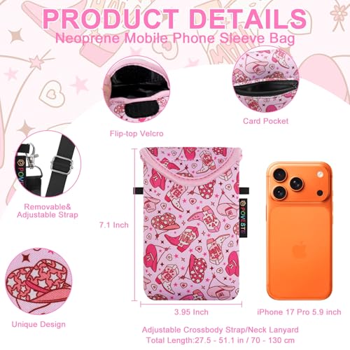 Image of POVESTE Neoprene Cell Phone Sleeve Pouch Case Bag with Crossbody Strap Lanyard for Women, Flap Closure Secure Cell Phone Bag with Pocket for Cards, Cash. (Cowgirl Spirits)